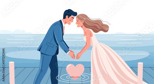 Wedding Couple Forehead Touch Over Heart, Romantic Love Illustration