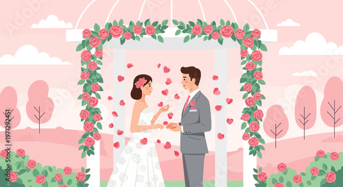 Wedding Couple Exchanging Vows Under Rose Arch with Falling Petals