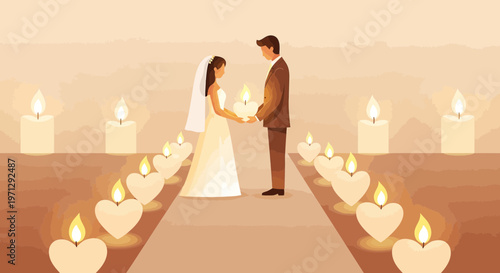 Wedding Couple Holding Candles Amidst Romantic Heart-Shaped Lights