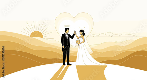 Wedding Couple Holding Engagement Ring with Heart Symbol and Sunrise