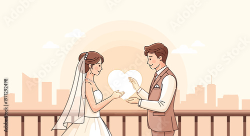 Wedding Couple Holding Glowing Heart with Cityscape Background