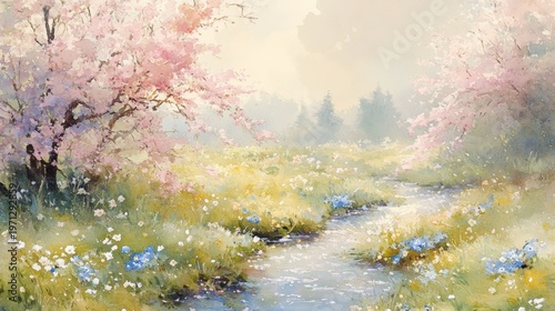 Watercolor landscape featuring blooming cherry blossom trees beside a serene stream flowing through a vibrant meadow filled with wildflowers and soft pastel colors