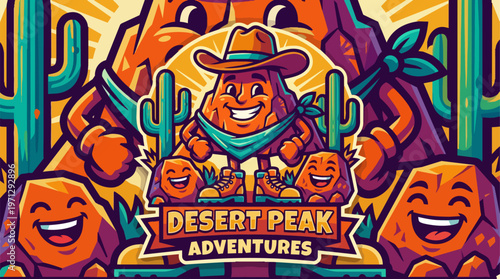 Cartoon cactus desert adventure logo.