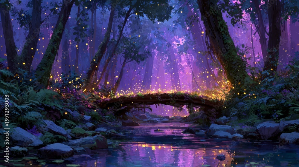 Fototapeta premium Enchanted forest scene with a small wooden bridge over a tranquil stream, illuminated by glowing fireflies amidst lush greenery and vibrant purple hues