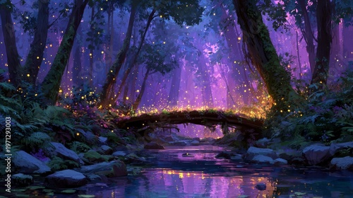 Enchanted forest scene with a small wooden bridge over a tranquil stream, illuminated by glowing fireflies amidst lush greenery and vibrant purple hues