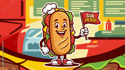 Cartoon hot dog character smiling.