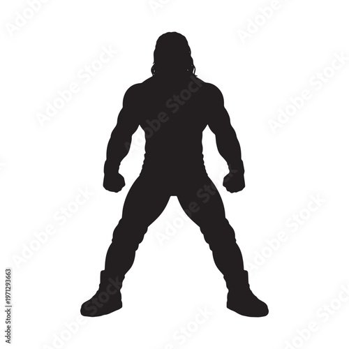 Strong man silhouette with long hair, wrestler in powerful stance, ready for action or competition.