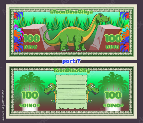 Vector cartoon colored beautiful banknotes, coupons or flyers. Obverse and reverse. Cute huge toon dinosaur or brontosaurus. Denomination 100 dino. Plants, stones and palms leaves. Hundred. Part 7