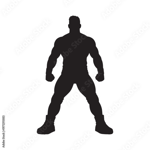 Muscular man silhouette, powerful wrestler or bodybuilder in a ready stance, strong and determined.