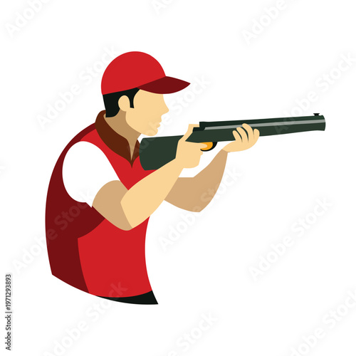 Hunter Aiming Shotgun Vector Illustration – Outdoor Shooting Sport Cartoon Clipart Line Art Design for Printable Graphics