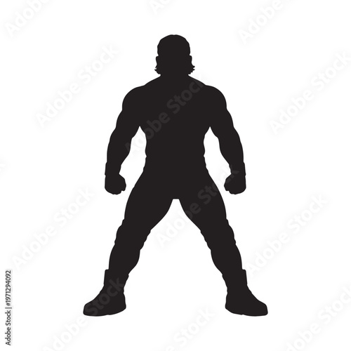 Silhouette of a powerful man with long hair, clenched fists and muscular build standing strong with legs spread in athletic pose on white.