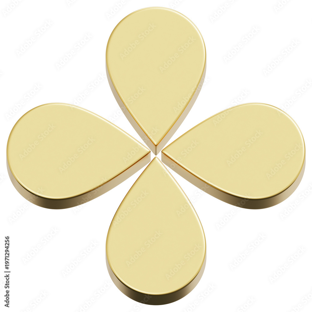 Fototapeta premium 3D Gold Abstract Rounded Four Petal Shape With Symmetrical Teardrop Forms