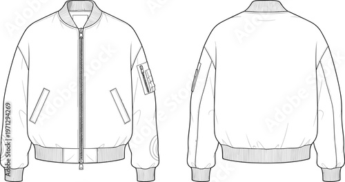 Bomber jacket template front and back view outline vector mockup detailed outerwear apparel design zip up clothing technical illustration