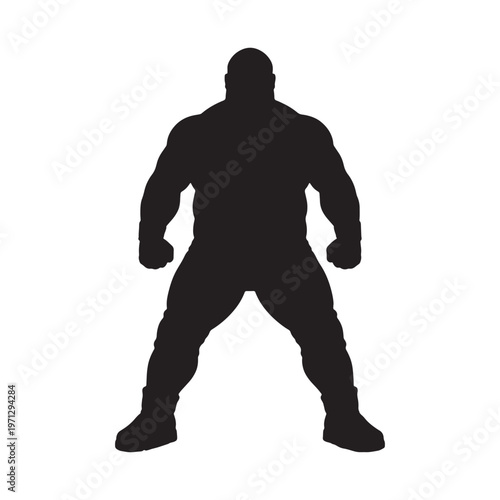 Heavy set man silhouette with wide shoulders and muscular physique standing with fists clenched on white background, representing brute strength.