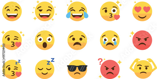 Emoticons and Emoji Vector Set Featuring a Range of Facial Expressions for Social Media, Communication, and Digital Messaging Icons