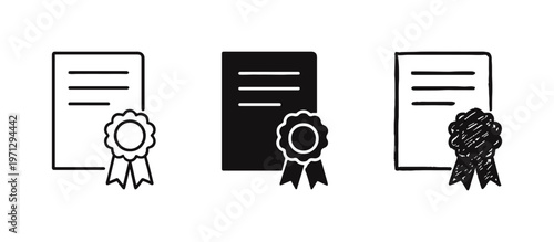 Certificate and award icon set. Document with a ribbon rosette, symbolizing achievement, diploma, or quality guarantee.