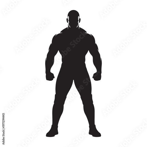 Strong man silhouette with defined muscular anatomy standing in bold pose featuring stylized highlights on black body background.