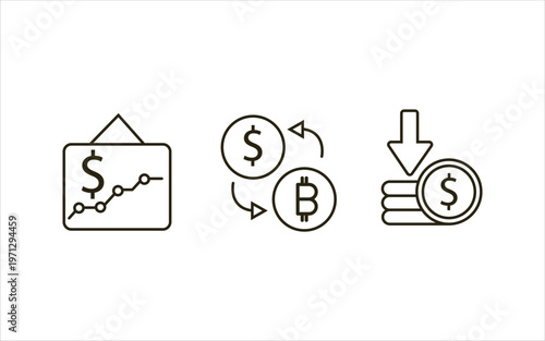 Crypto and financial management concept. Dollar growth chart, currency exchange between USD and Bitcoin, and coin savings. Flat illustrator vector file. High quality image
