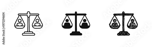 Scales of Justice with People Icon Set, Symbolizing Equality, Fairness, and Legal Judgment. Balanced Rights.