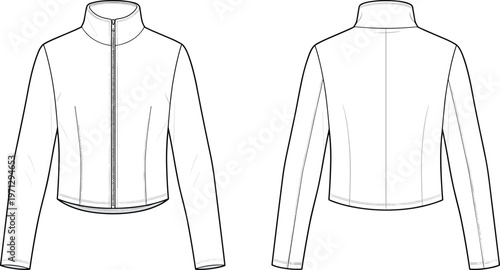Minimal jacket template front and back view outline vector mockup apparel design zip up outerwear clothing technical drawing isolated