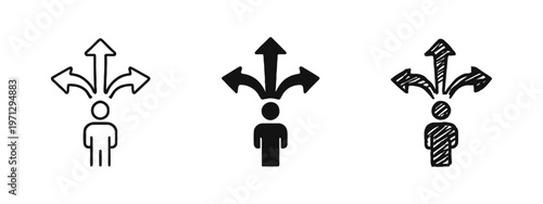 Person at Crossroads with Multiple Arrows Icon Set, Depicting Choices, Decisions, and Future Paths. Life Direction.