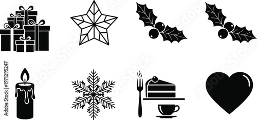 Assortment of Black and White Christmas and Holiday Themed Icons Keywords: christmas, holiday, icon, symbol, gift, present, star, holly