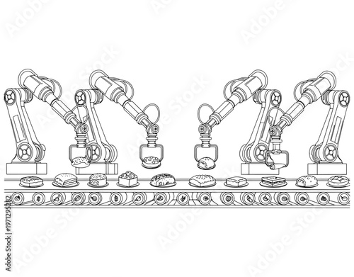 Industrial robotic arms processing cakes and pastries on a conveyor belt in an automated smart bakery, futuristic food production and manufacturing line art vector illustration.