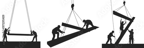Construction Workers Lifting and Assembling Steel Beams with Crane silhouette illustration