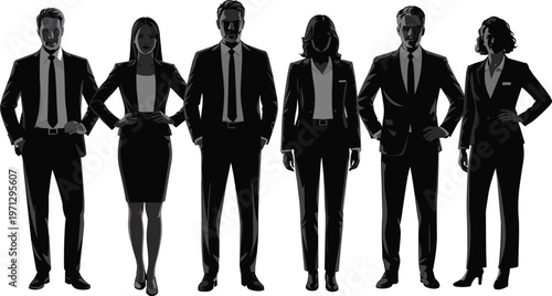 Group of business people in sharp suits standing formally on a white background silhouette