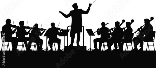 Orchestra Conductor Leading Musicians in Silhouette symphony