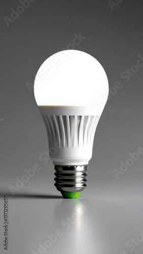 A modern, glowing bulb, fully lit, stands alone against a neutral gray backdrop, with a distinct shadow, highlighting its design