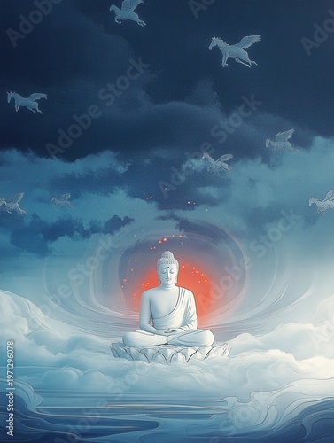 Serene Buddha Amidst Flying Horses