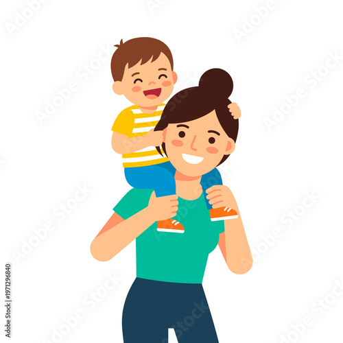 A mother carrying her happy child on her shoulders