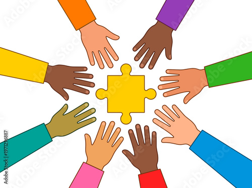 Hands connecting in a circle around a puzzle piece, symbolizing unity and teamwork.