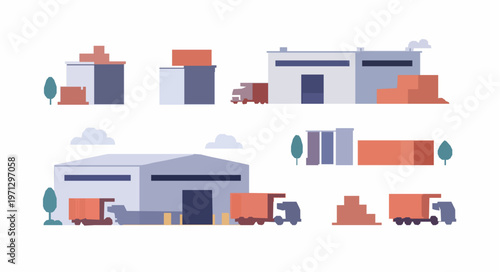 Flat warehouse and logistics vector illustration with factory storage truck and container editable design isolated on white