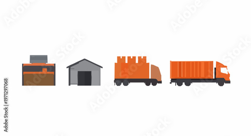 Warehouse logistics workflow vector illustration with storage container and truck delivery process isolated on white