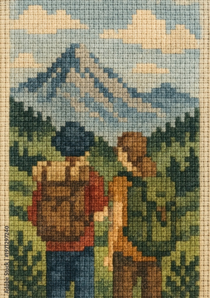 Fototapeta premium Pixelated hikers admire mountain landscape.