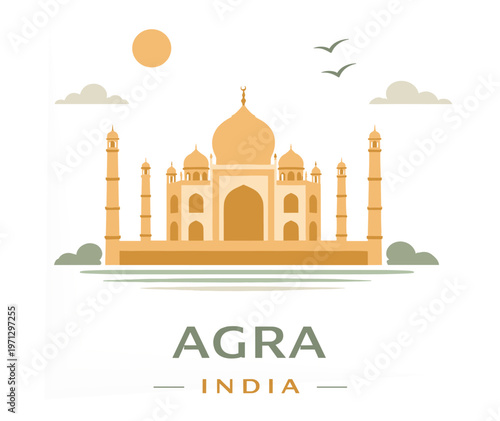 Agra India Landmark Illustration with Taj Mahal in Minimal Flat Style