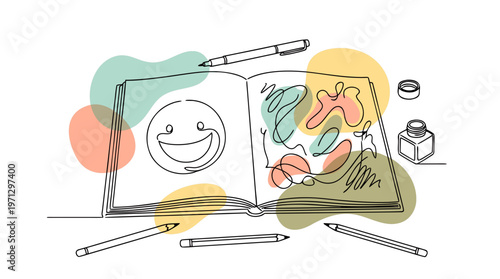 Open Sketchbook with Drawing Tools Cartoonist Day Boho Vector