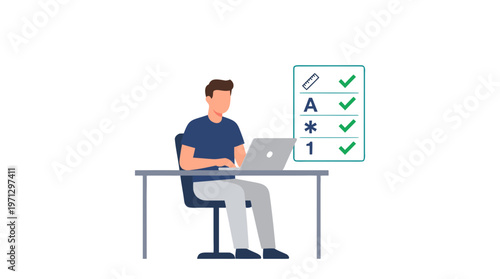 Man Creating Strong Password Security Checklist Concept Flat Vector