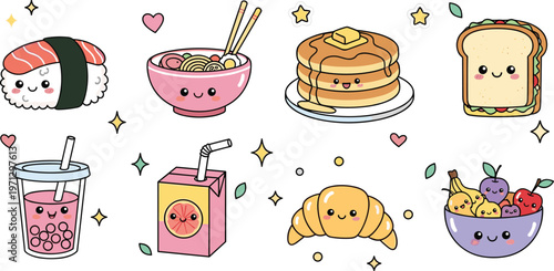 Kawaii Food Vector Set Featuring Cute Sushi, Noodles, Pancakes, Sandwiches, Drinks, and Fruits for Fun and Playful Designs