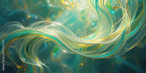 Glowing ribbons curve through an abstract emerald space. Abstract background features flowing green and yellow waves. Teal light waves move in an elegant abstract pattern.