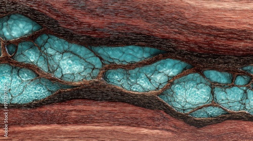 Turquoise epoxy resin river in natural wood slab, decorative live edge timber with blue crystal inlay, rustic wooden texture with mineral veins