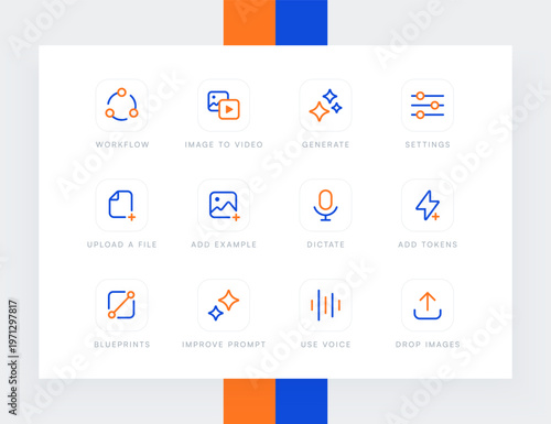 AI technology and neural network workflow icon set. Linear icons for image to video generation, prompt improvement, voice dictation and blueprints for creative UI UX design