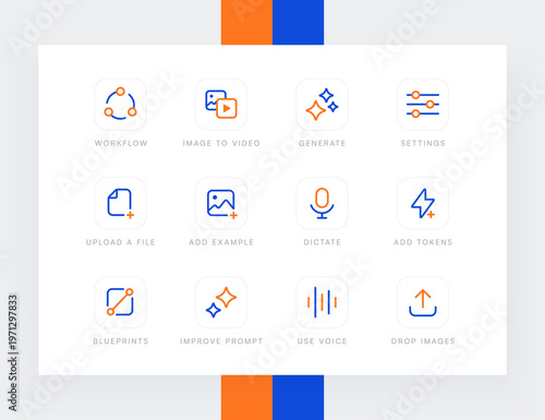 Photography AI technology and neural network workflow icon set