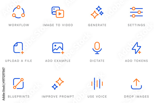 Photography AI technology and neural network workflow icon set