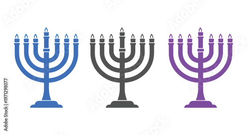Three stylized menorahs in blue, gray, and purple stand side by side, representing Hanukkah traditions and symbols