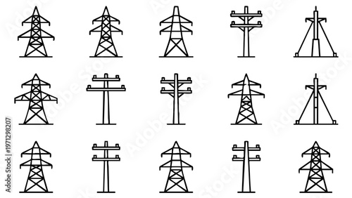High voltage powerline pylon icons collection for electric utility engineering