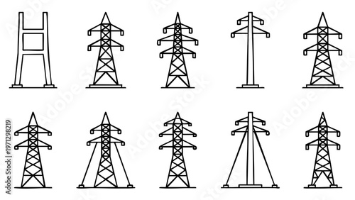 High voltage powerline pylon icons collection for electric utility engineering