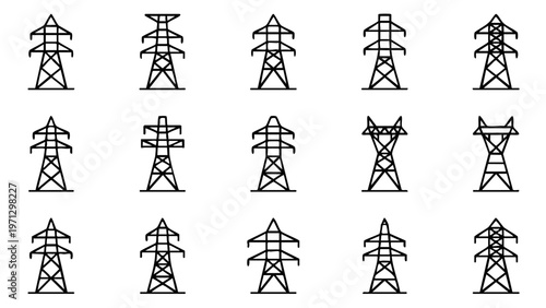 High voltage powerline pylon icons collection for electric utility engineering